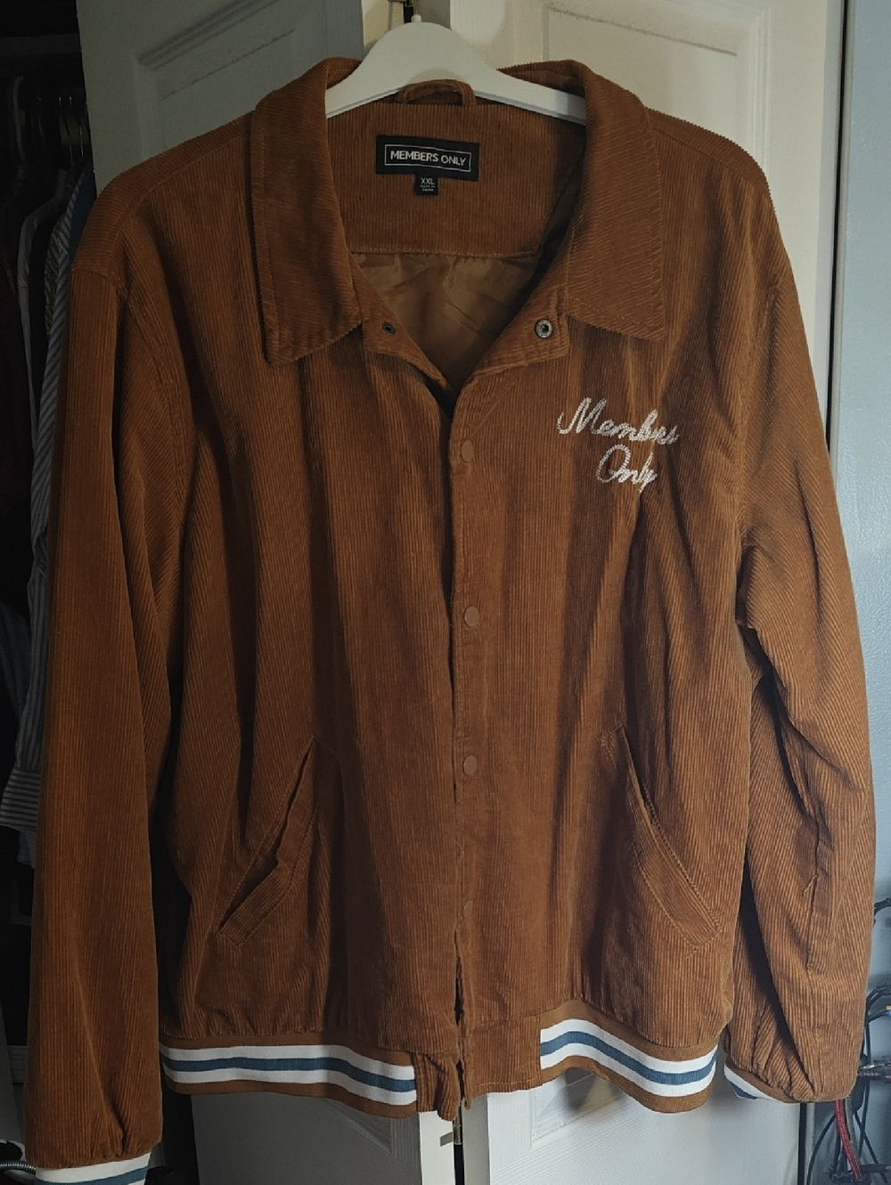 Members Only Corduroy Coach Jacket in Rust Brown with Stripe Hem